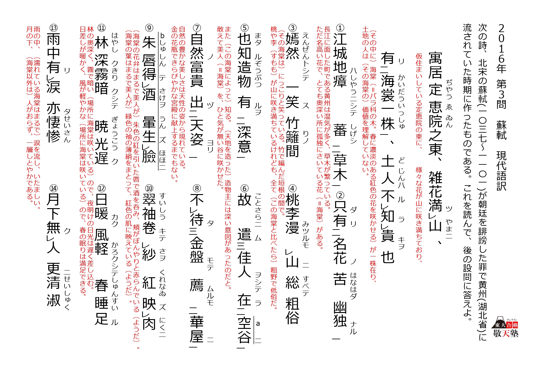 2016年 東大国語 第３問（漢文）蘇軾「寓居～」解答（答案例）と現代語訳 | 日本で唯一の東大文系「完全」特化 オンライン 東大合格 敬天塾