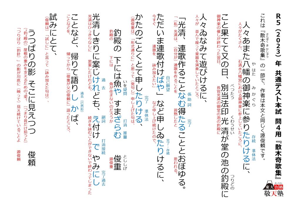 2023年(令和5年) 共通テスト本試 国語第3問 古文『俊頼髄脳』『散木奇歌集』現代語訳&文法 | 日本で唯一の東大文系「完全」特化 ...