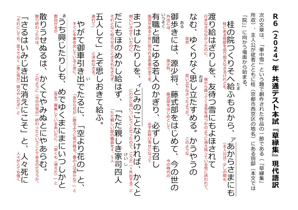 2024年（令和6年） 共通テスト本試 国語第３問 古文『草縁集』「車中雪